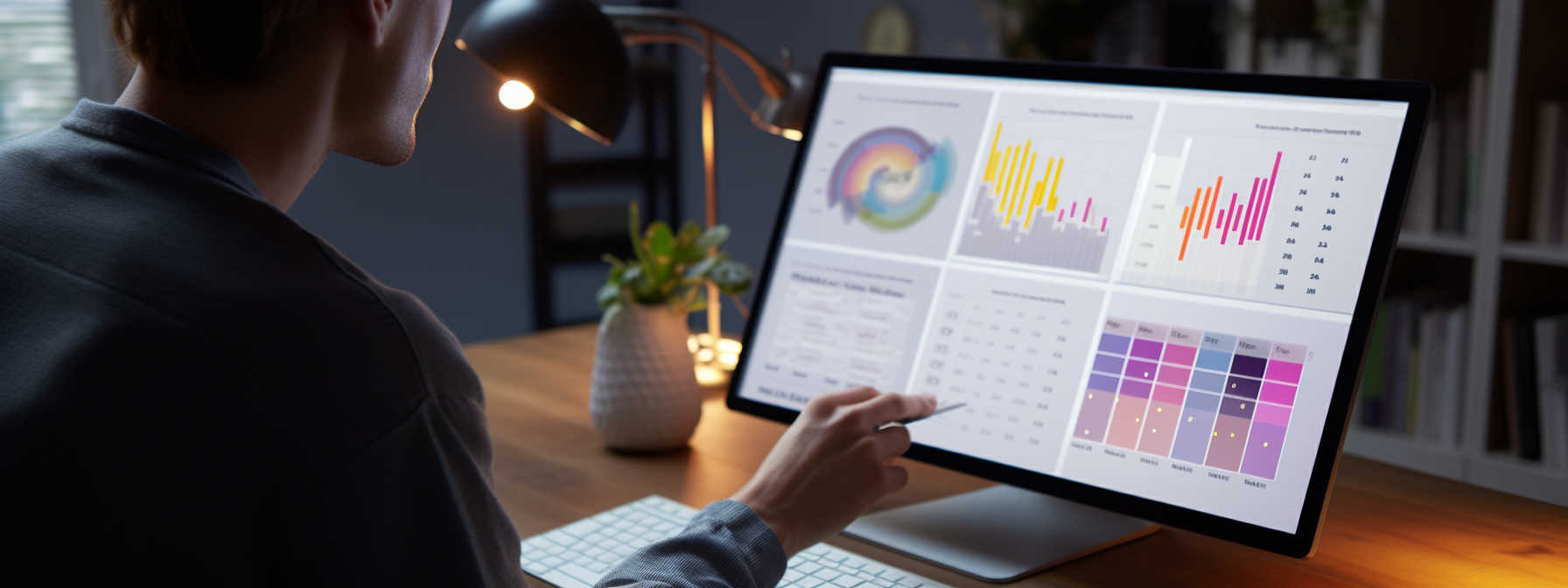 A man reviewing several charts on a computer screen, including a treemap and scatter plot combination chart.